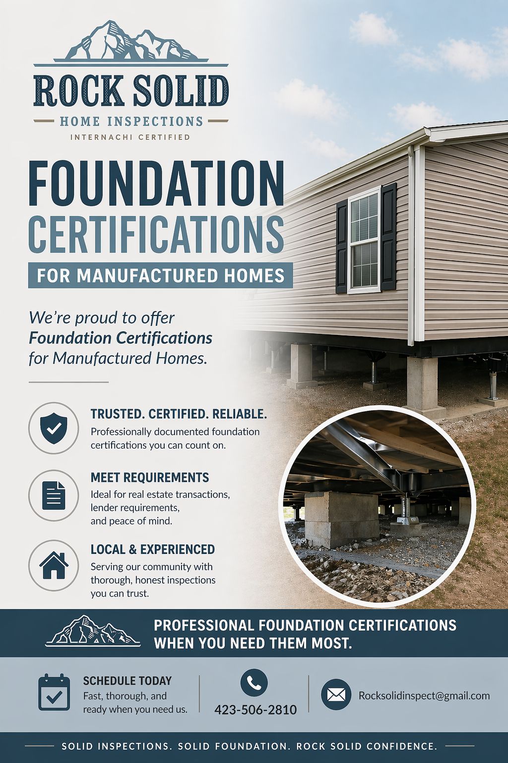 Rock Solid Home Inspections — Foundation Certifications for Manufactured Homes. Trusted. Certified. Reliable. Professional foundation certifications when you need them most.