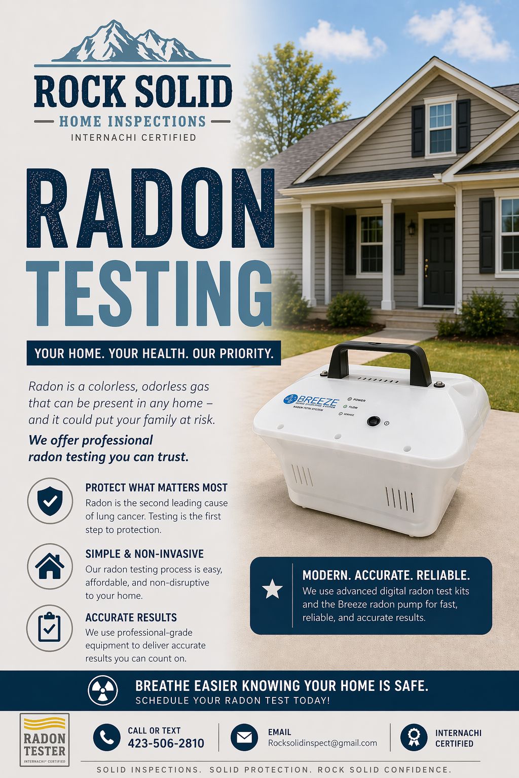 Rock Solid Home Inspections — Radon Testing Services. Your Home. Your Health. Our Priority. Using the Breeze radon pump for modern, accurate, reliable results.
